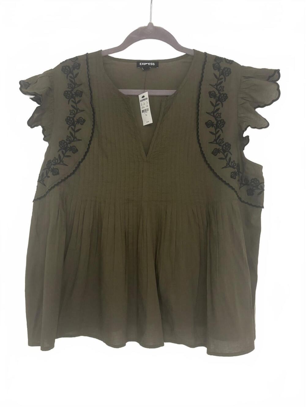 Express Women's Olive Green Embroidered Flutter Sleeve Blouse Size XL